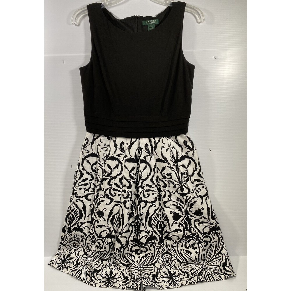 Lauren Ralph Lauren Sleeveless Black Bodice Pleat Skirt Fit-Flare Dress Sz 8